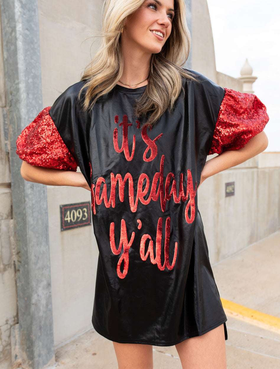 Texas Tech Puff Sleeve It's Gameday Foil Shirt Dress In red, Size: S, Sold by Red Raider Outfitters Texas Tech Puff Sleeve It's Gameday Foil Shirt Dress In red, Size: S, Sold by Red Raider Outfitters
