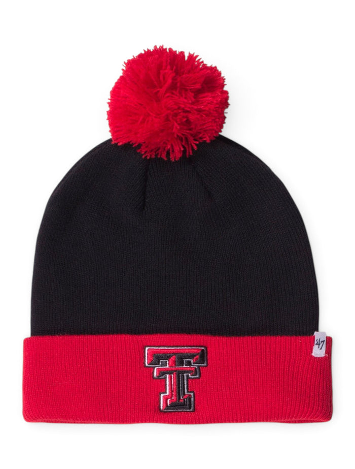 47 Brand Texas Tech Double T Pom-Pom Black and Red Beanie – Front view