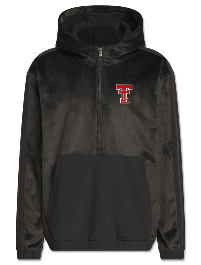 Black Adidas Lido plush velour quarter-zip golf hood with a woven front pocket panel and red throwback Double T on the left chest