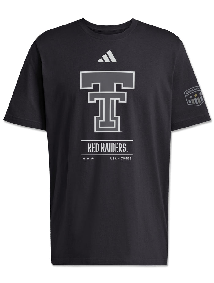 Adidas Texas Tech Sideline 2026 Honor and Support black t-shirt with a grey Double T, RED RAIDERS and USA - 79409 on the chest and an Honor & Support shield on the left sleeve