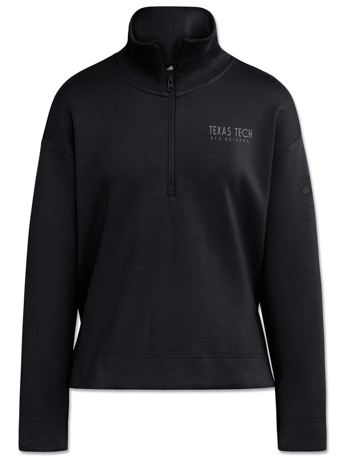 Black Adidas women's quarter zip with tonal grey TEXAS TECH RED RAIDERS on the left chest and a tall funnel collar