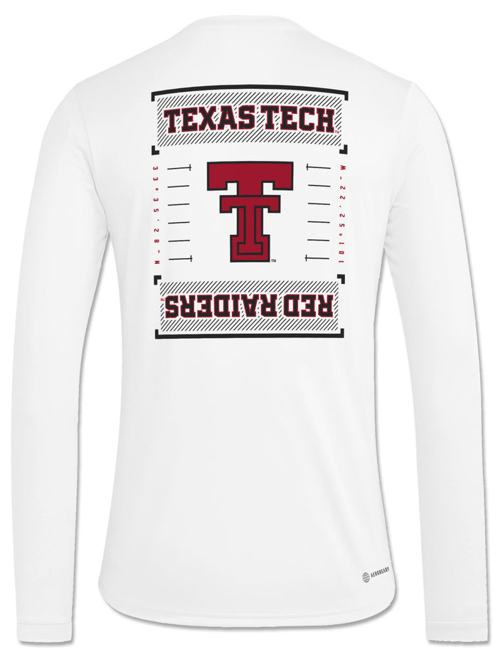 Back of a white Adidas long sleeve with TEXAS TECH and an upside-down RED RAIDERS framing a large throwback Double T between yard lines, with Galaxy Stadium coordinates down each side