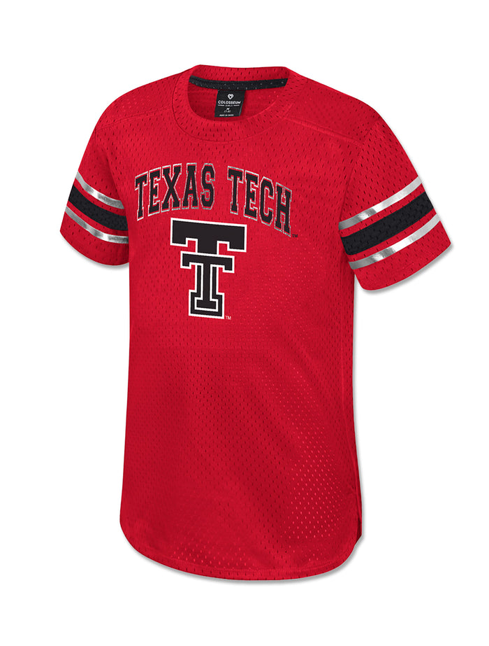 Front of the red Texas Tech toddler mesh jersey dress with TEXAS TECH arched over the Double T in black and silver, and striped sleeve bands