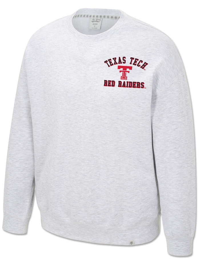 Front view of a red Double T with Texas Tech Red Raiders lettering on the left chest of a light heather grey Arena crewneck sweatshirt
