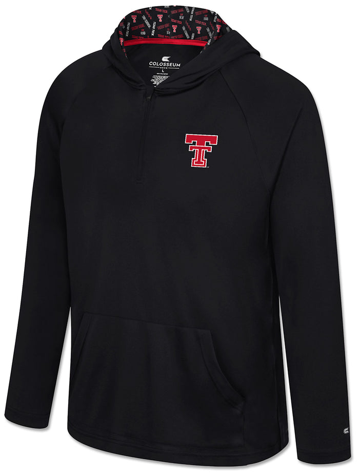 Front view of a red Double T on a black Arena Texas Tech quarter zip hooded windshirt with a printed hood lining