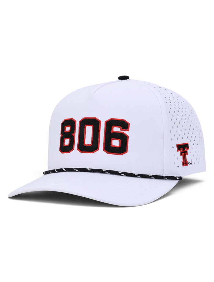 Texas Tech 806 white rope cap with the 806 area code embroidered across the front