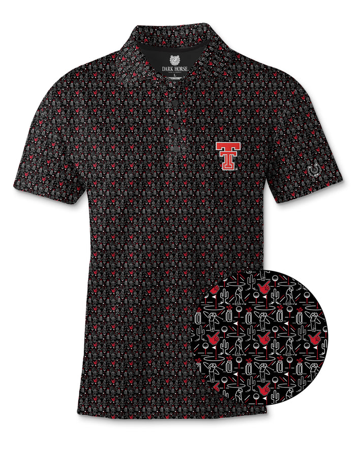 Dark Horse Texas Tech Guns Up Golf polo with a close-up of the golfers, golf bags, cactus and red Guns Up hands print