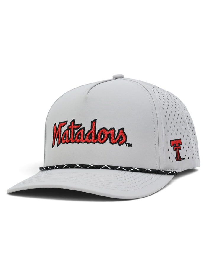 Grey Texas Tech Matadors cap at an angle showing the red and black Matadors script on the front