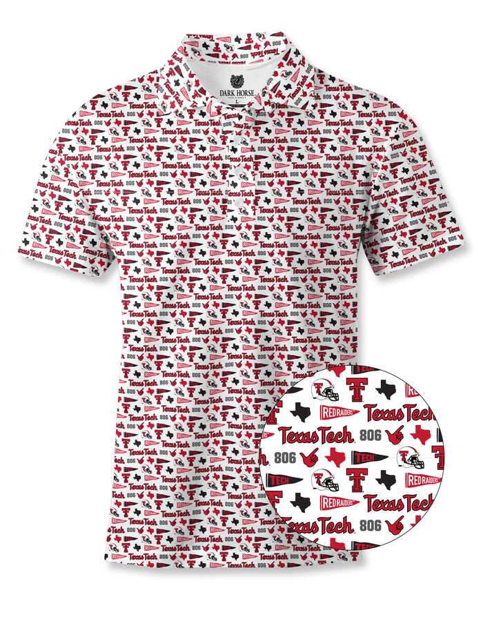 Dark Horse Texas Tech New Era Pennant polo with a close-up of the pennant, Double T and Guns Up print