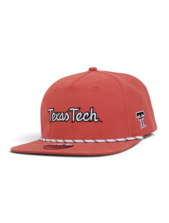 Washed red youth Texas Tech cap at an angle showing the Texas Tech script in white with a black outline above a white and black rope