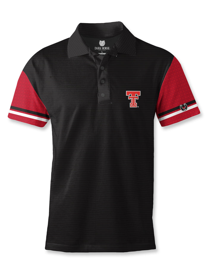 Black Dark Horse Texas Tech Vintage Colorblock polo with red striped sleeves and a red throwback Double T on the left chest