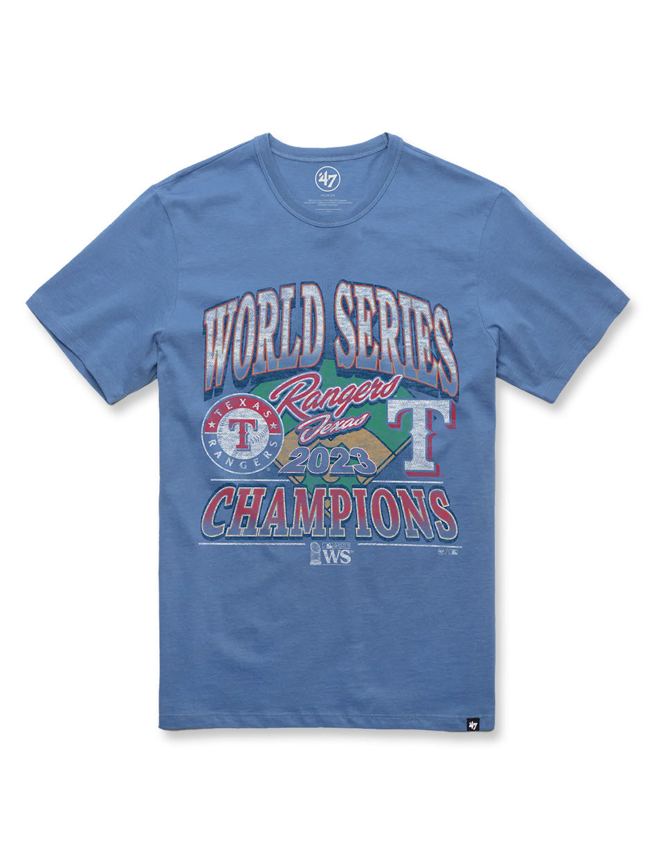 Texas Rangers World Series Champions Banner Blue T-Shirt in Blue, Size: S, Sold by Red Raider Outfitters