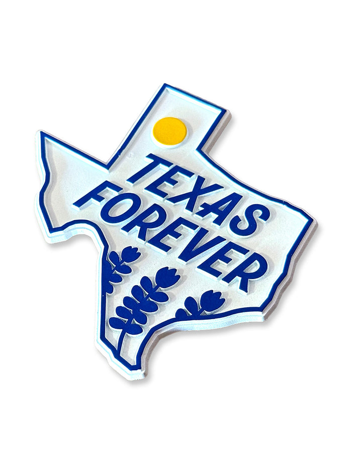 3D molded fridge magnet reading “Texas Forever” with bluebonnet flowers in a vintage-inspired design