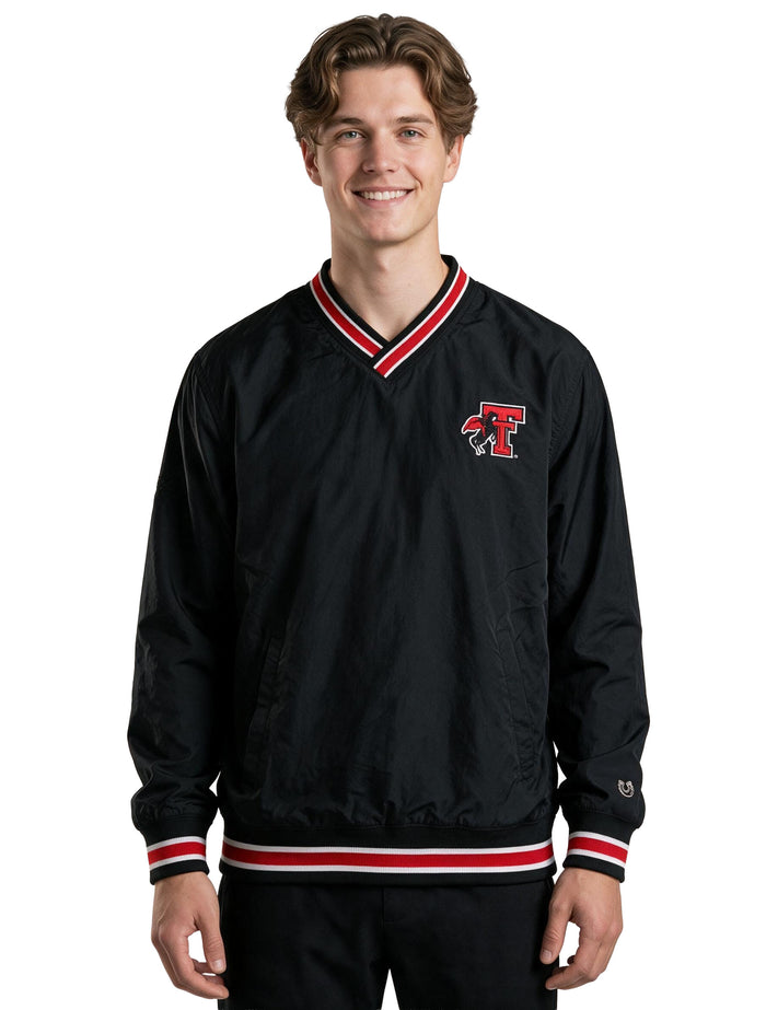 Model wearing the black Dark Horse Texas Tech Throwback Rearing Rider V-neck pullover with red and white striped trim