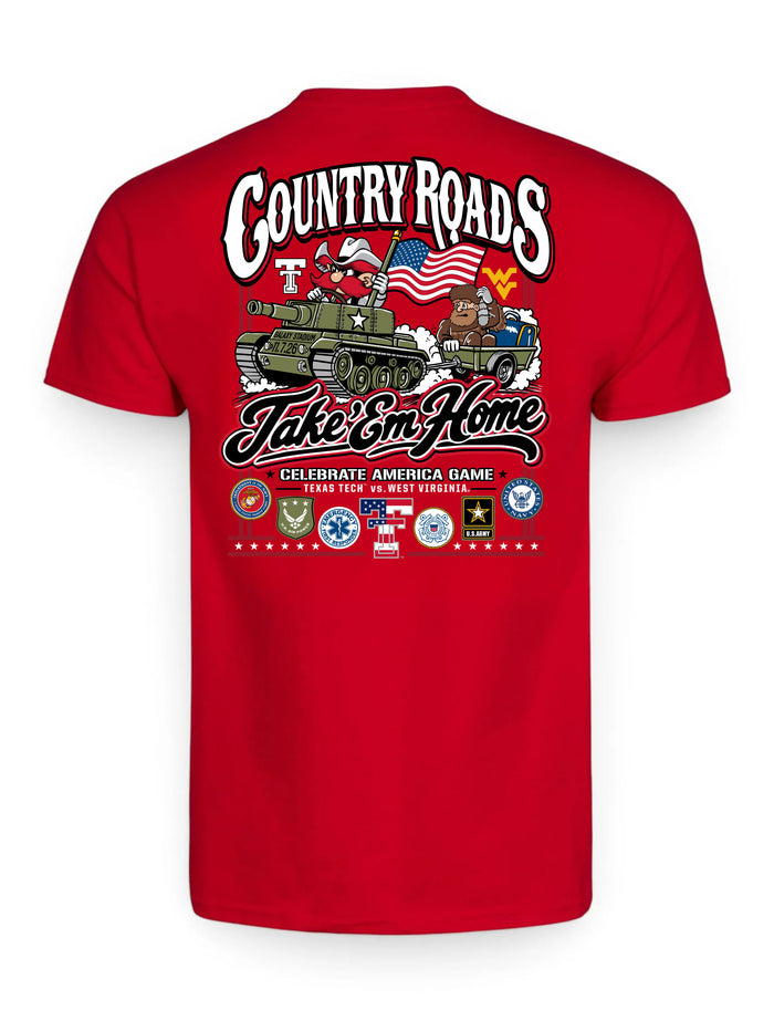 Back of the red Texas Tech vs West Virginia “Country Roads” gameday tee with Raider Red driving a tank towing the Mountaineer, the Double T and WV marks either side, Take ’Em Home script and armed forces seals
