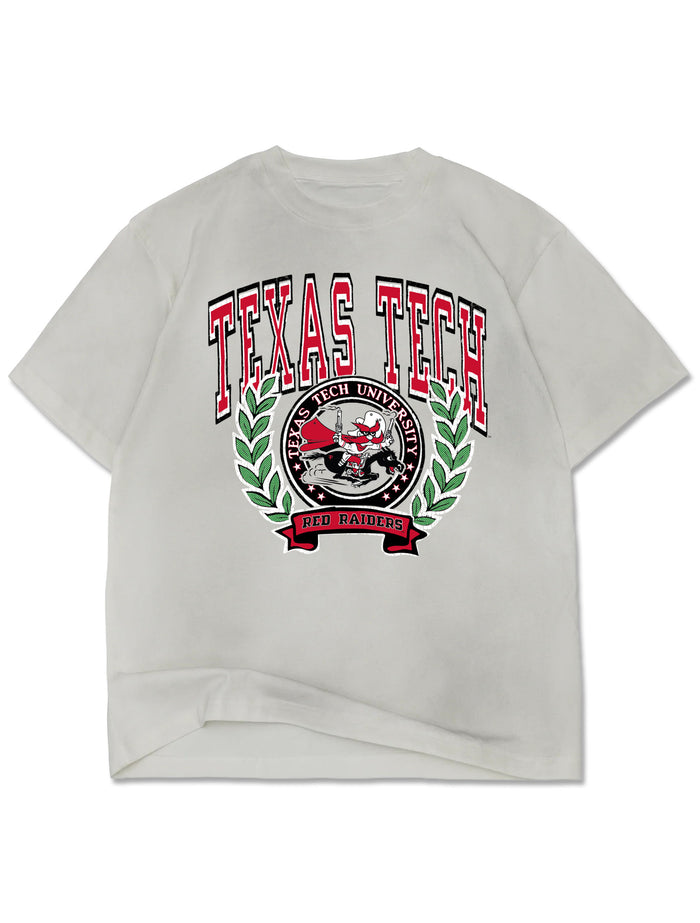 Dirty white Texas Tech Animal House t-shirt with a distressed red TEXAS TECH arch over a Raider Red seal, green laurels and a RED RAIDERS banner
