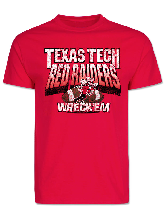 Red Texas Tech tee with TEXAS TECH over RED RAIDERS in distressed block lettering, Raider Red with a football, and WRECK EM below
