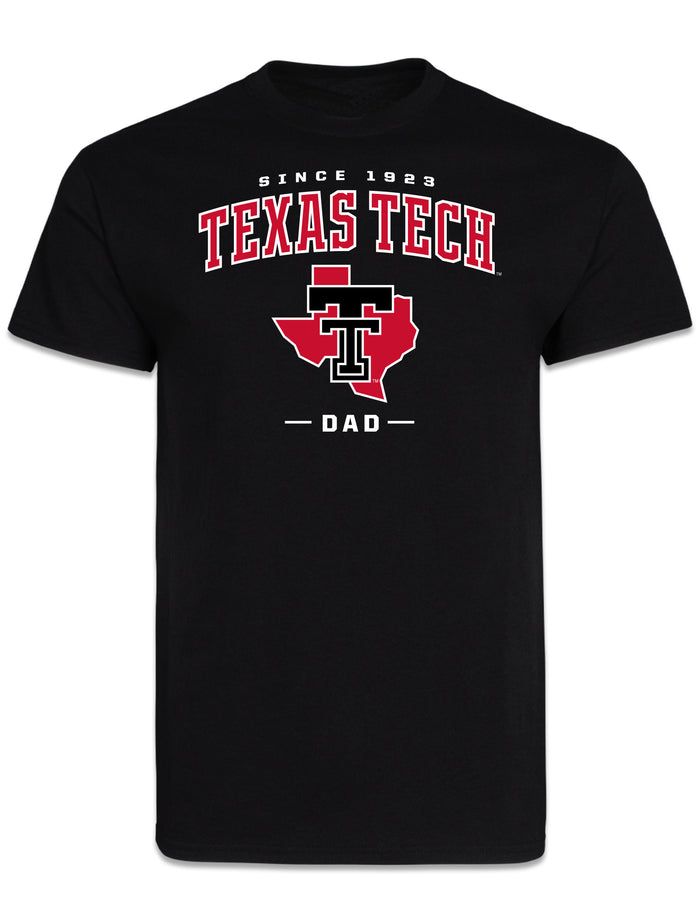 Black Texas Tech Dad short sleeve t-shirt with SINCE 1923, TEXAS TECH arched in red, and a Double T over the state of Texas