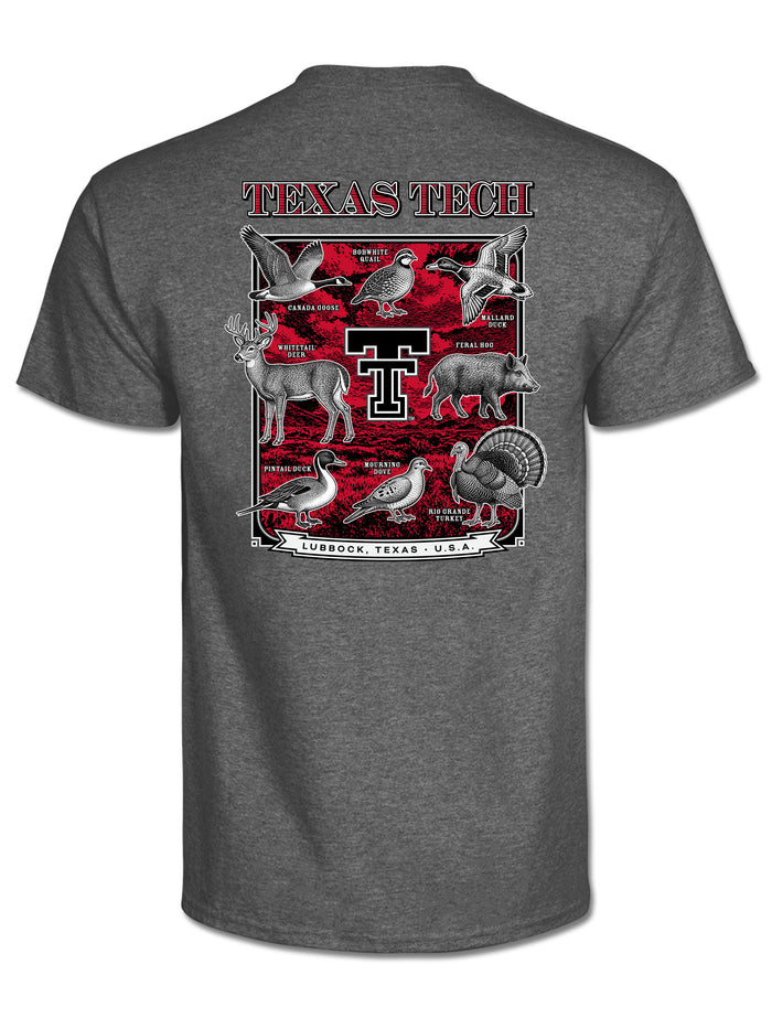 Back of the graphite tee with arched TEXAS TECH lettering above a framed panel of Texas game species around the Double T and a Lubbock, Texas banner