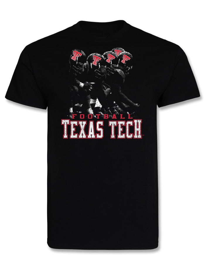 Black Texas Tech tee with a distressed photo of four Double T helmets on the line, FOOTBALL above TEXAS TECH in worn block lettering