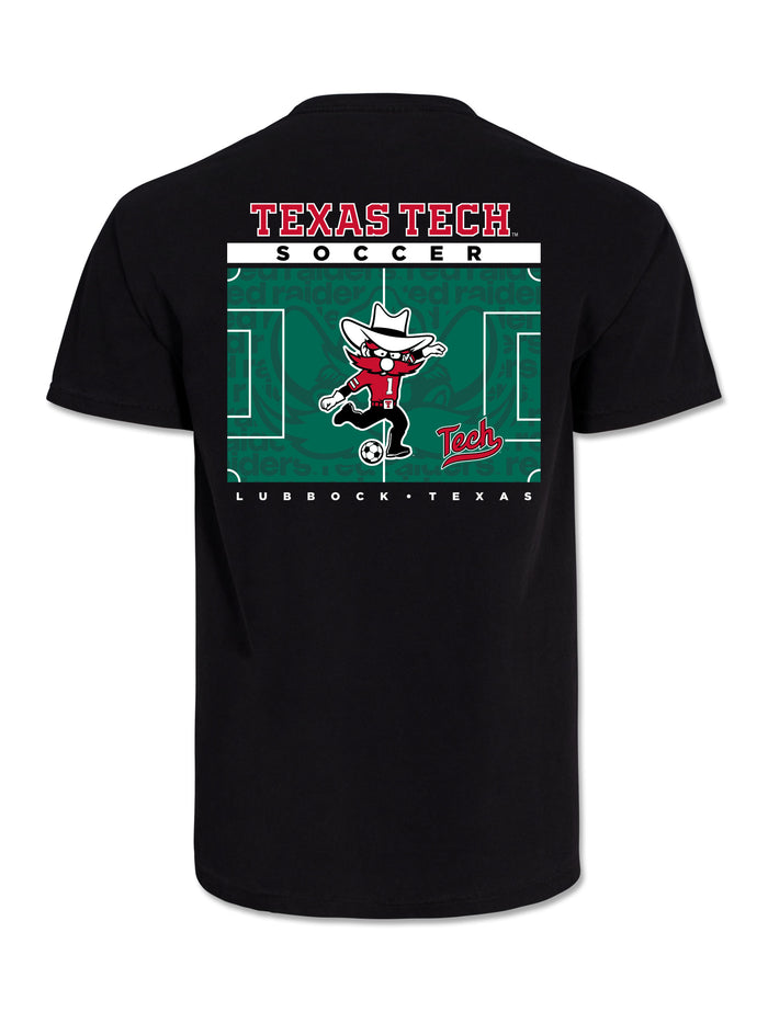 Back of the Texas Tech Red Raiders “Pitch Perfect Soccer” black short sleeve t-shirt with Raider Red in a cowboy hat kicking a soccer ball on a green pitch graphic beneath Texas Tech Soccer lettering