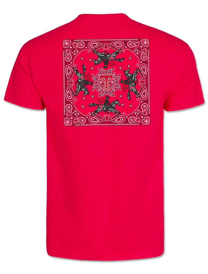 Back of the red Texas Tech tee showing a full bandana square print with four Masked Riders circling a red Double T
