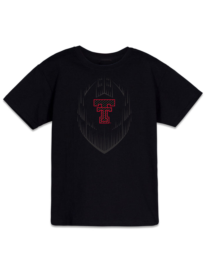 Black Texas Tech youth tee with a tonal football drawn in speed streaks and a carbon Double T outlined in red at the center
