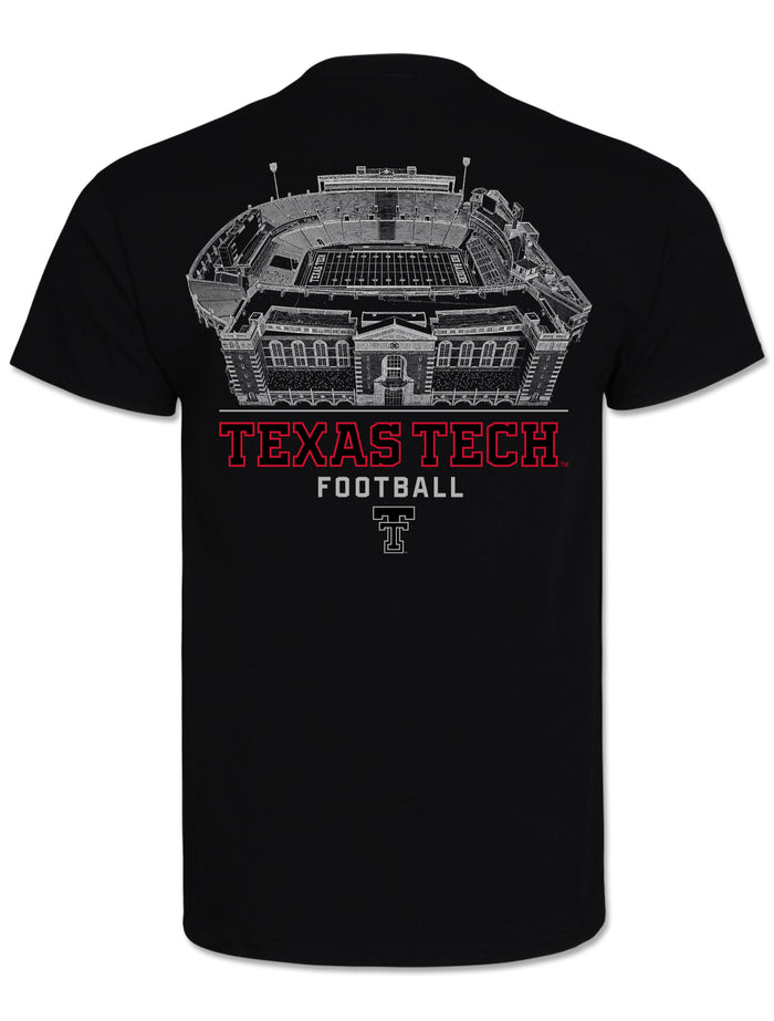 Back of the black Texas Tech tee with a white line drawing of The Jones above TEXAS TECH in red outlined lettering and FOOTBALL in grey