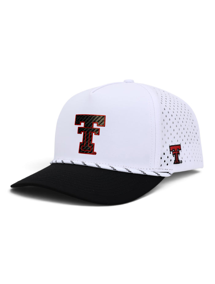 Texas Tech Dark Horse white rope cap with a black brim and a carbon textured throwback Double T outlined in red on the front panel