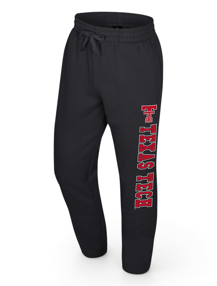 Front of black Texas Tech sweatpants with the Double T above TEXAS TECH running vertically down the left leg in red with a white outline, a drawcord waist and elastic gathered hems