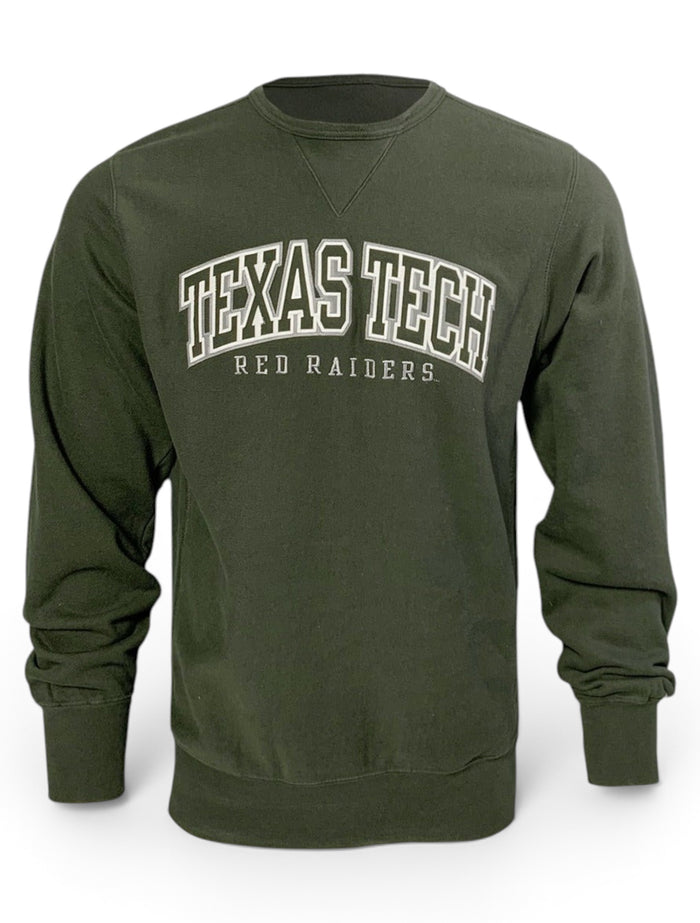 Champion Texas Tech Red Raiders "Vintage Wash Tackle Twill" Olive Green Reverse Weave Crew – Front view