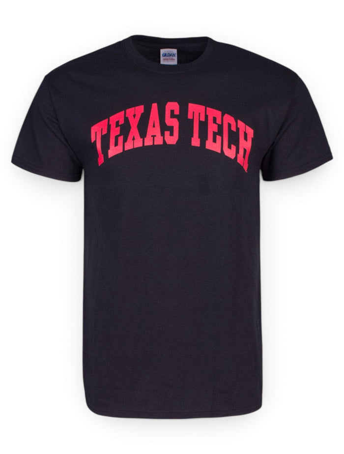 Classic Texas Tech Arch in Red on Black T-Shirt – Front view