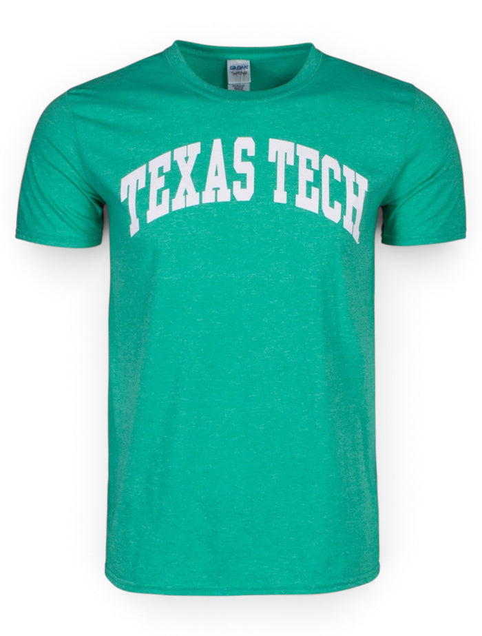 Classic Texas Tech Arch in White on Irish Green T-Shirt – Front view