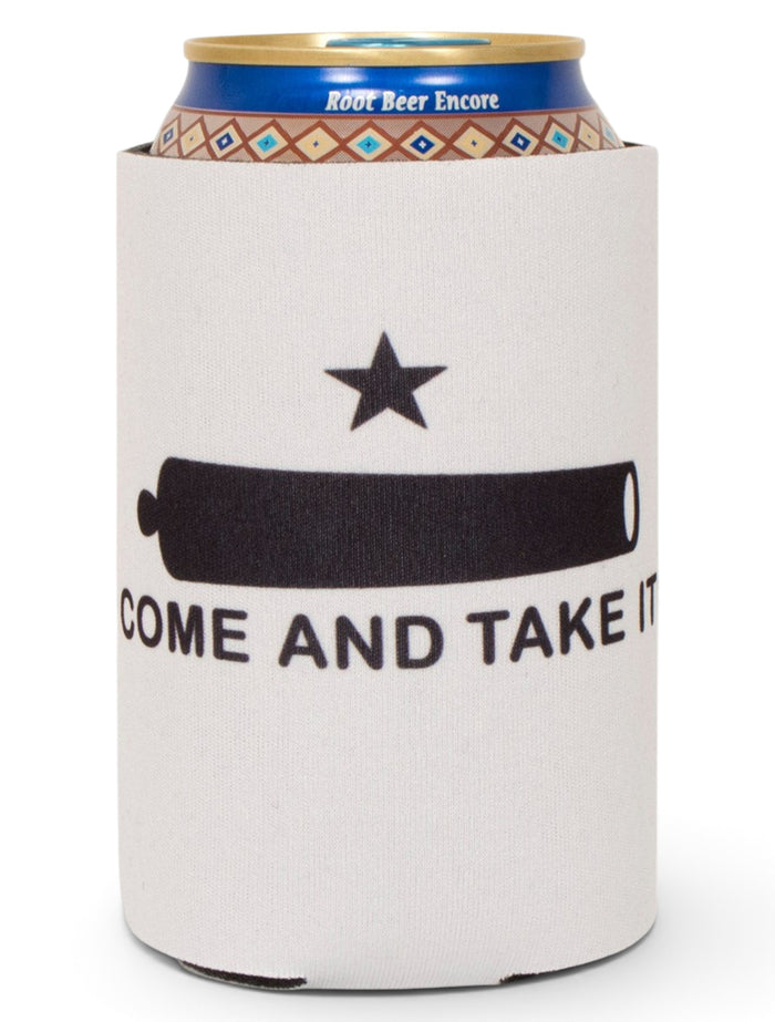 Come & Take it on White Can Cooler- Texas Tech – Front view