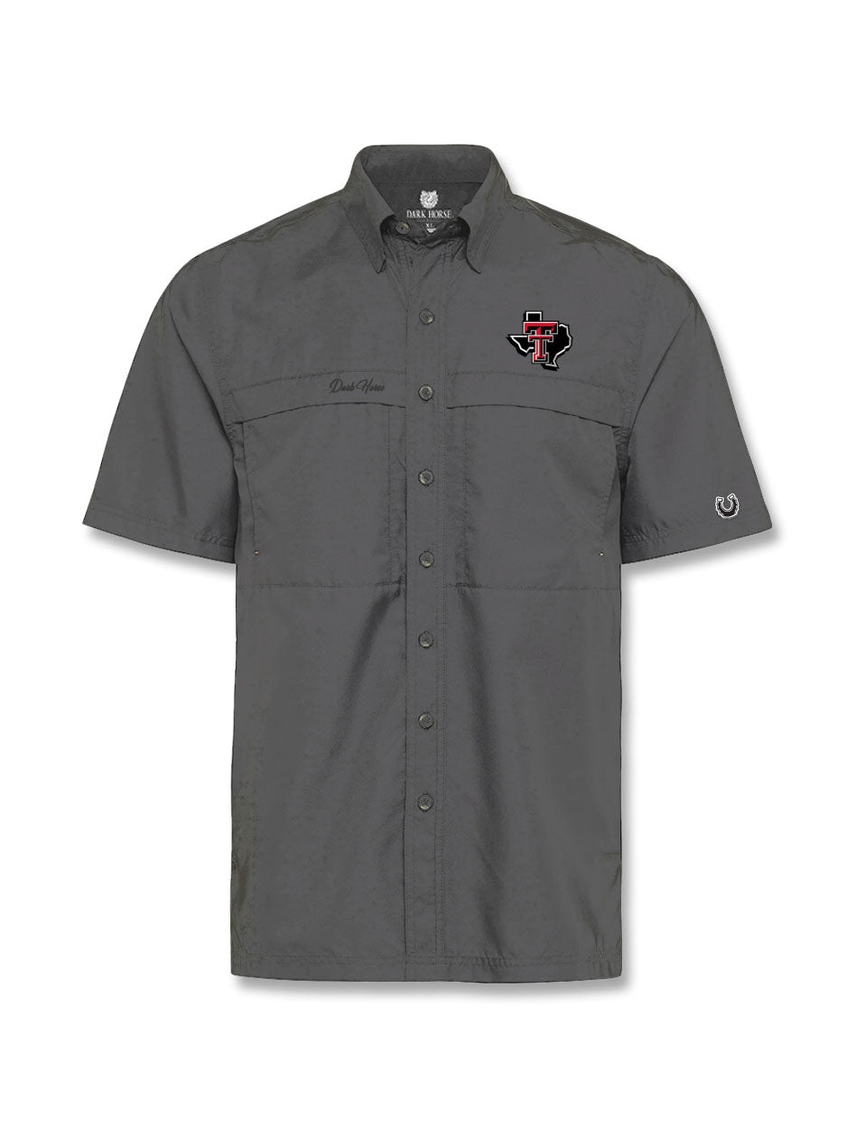 Youth Texas Tech Dark Horse Pride Grey Performance Fishing Shirt in Grey, Size: S, Sold by Red Raider Outfitters