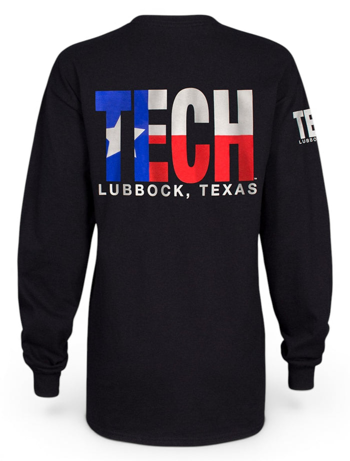 Lubbock, TX TECH in Texas Flag on Black Long Sleeve – Front view