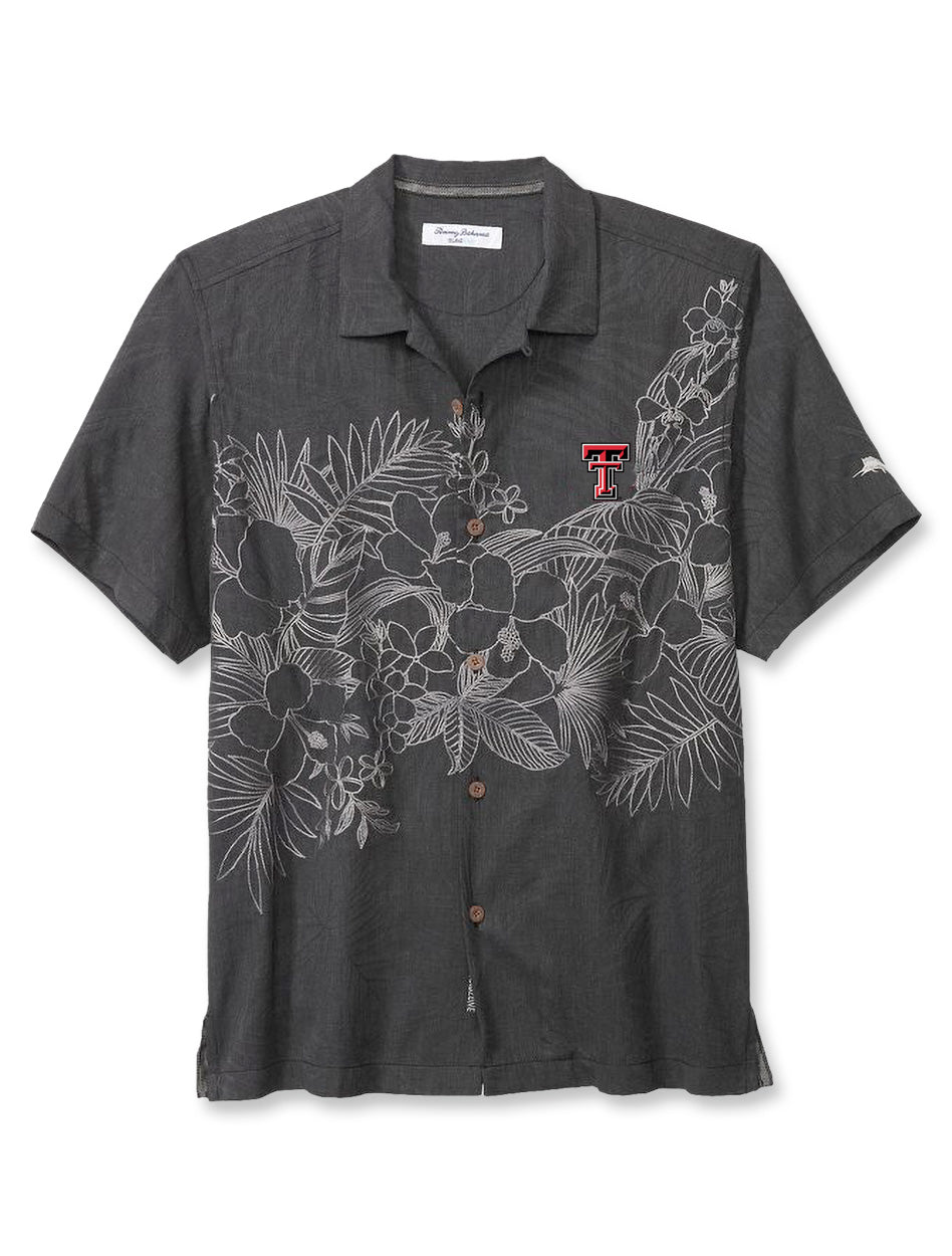 Tommy Bahama Texas Tech IslandZone Game Day Lei Camp Shirt in Black, Size: XL, Sold by Red Raider Outfitters