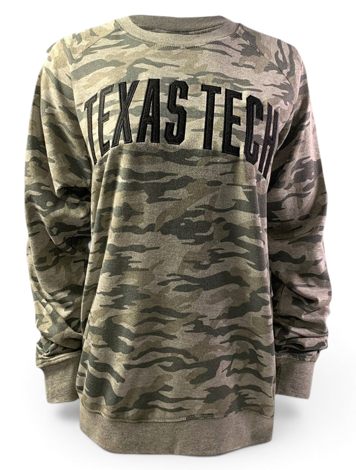 Pressbox Texas Tech Red Raiders Classic Arch In Black On "Gulfport" French Terry Crewneck Sweatshirt In Camo – Front view