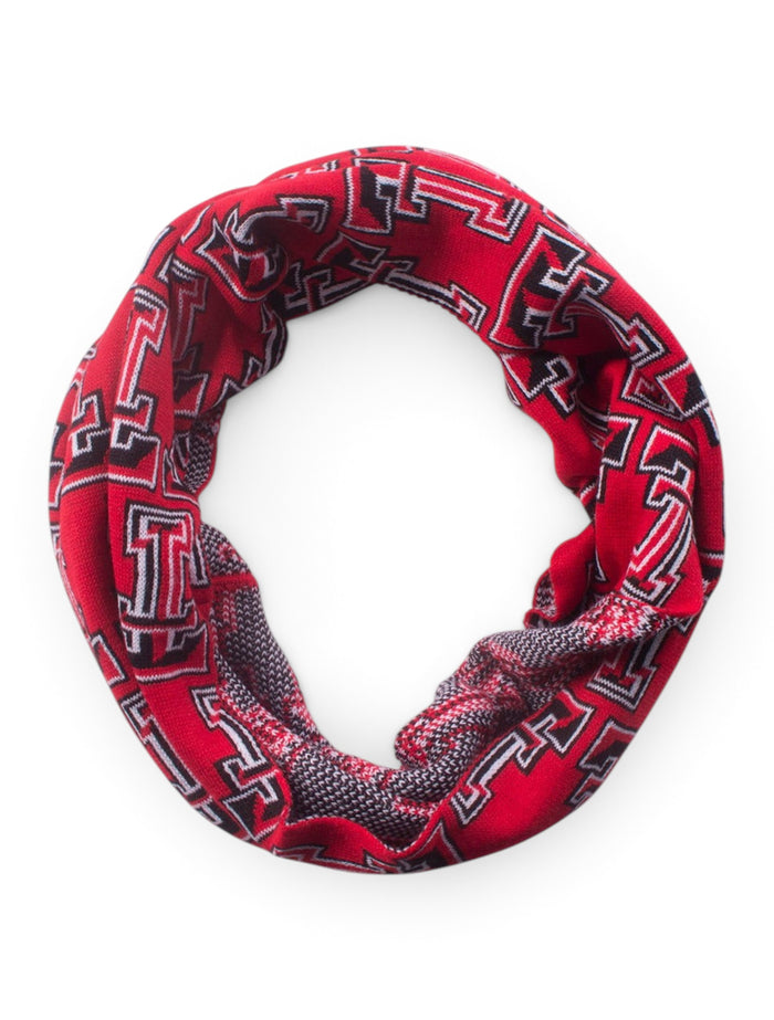 Repeating Double T on Red Infinity Scarf - Texas Tech – Front view