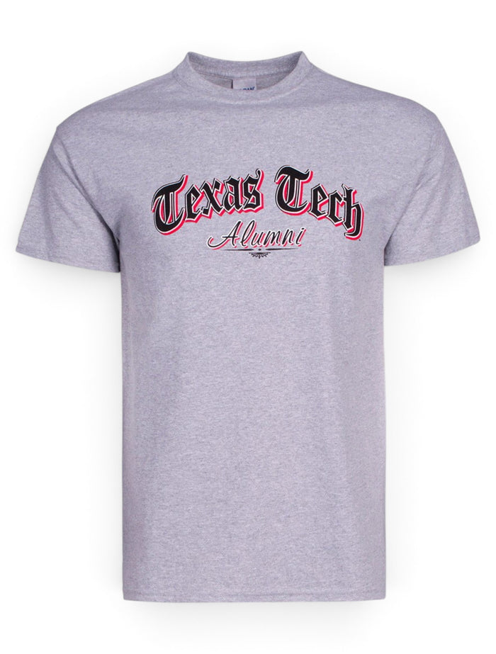 Texas Tech Alumni Newspaper Font on Heather Grey T-Shirt – Front view