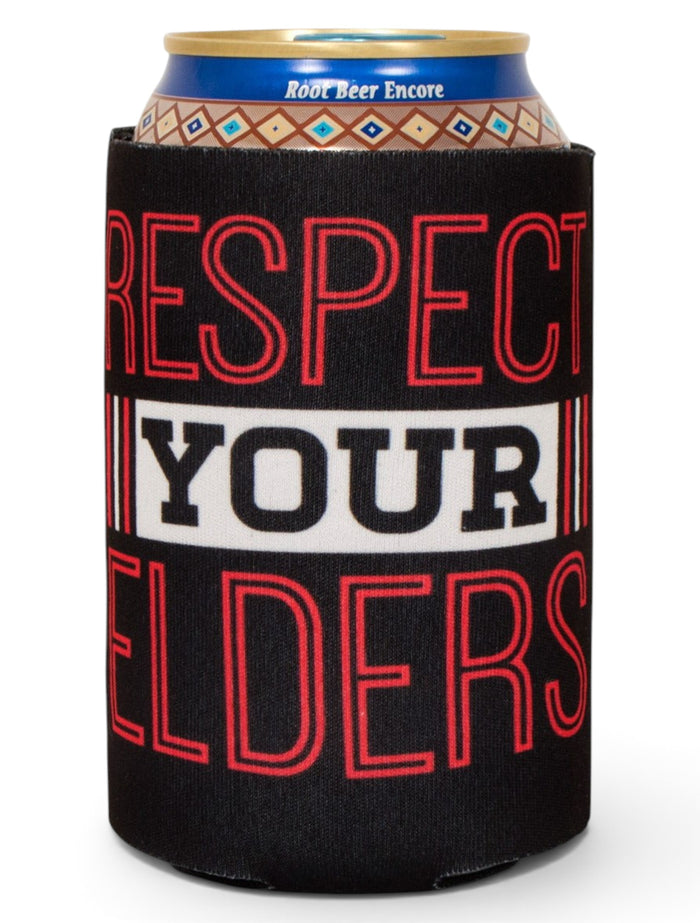Texas Tech Alumni - Respect Your Elders on Black Can Cooler – Front view