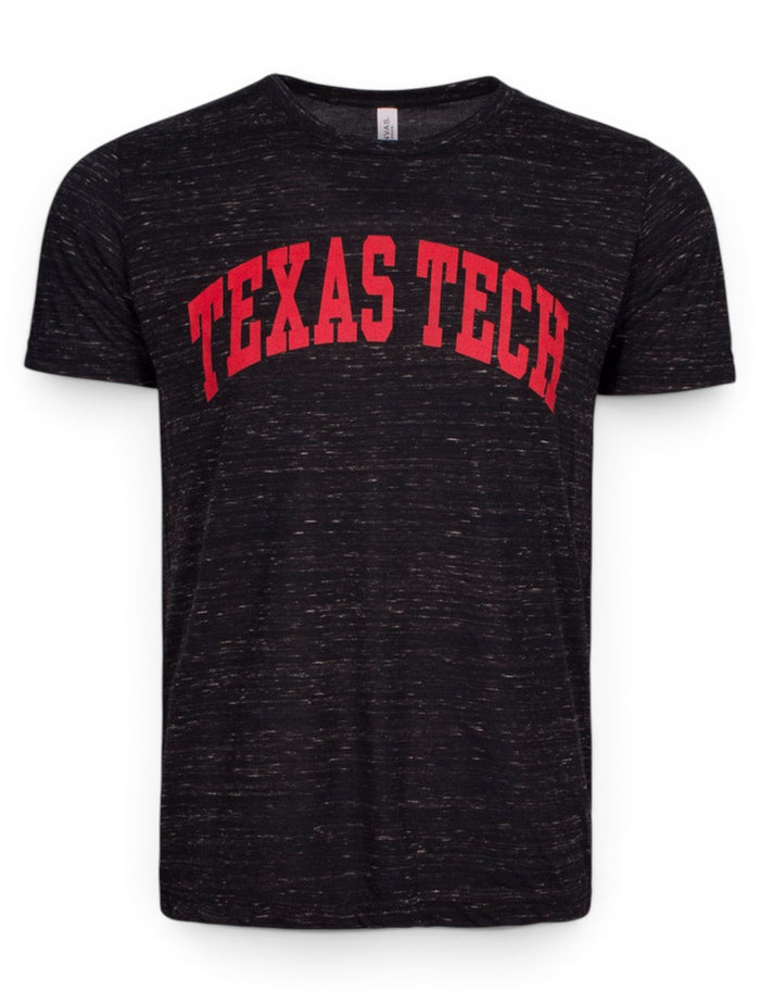 Texas Tech Arch in Red on Heather Black T-Shirt – Front view