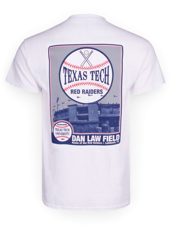 Texas Tech Dan Law Field Photo on White T-Shirt – Front view