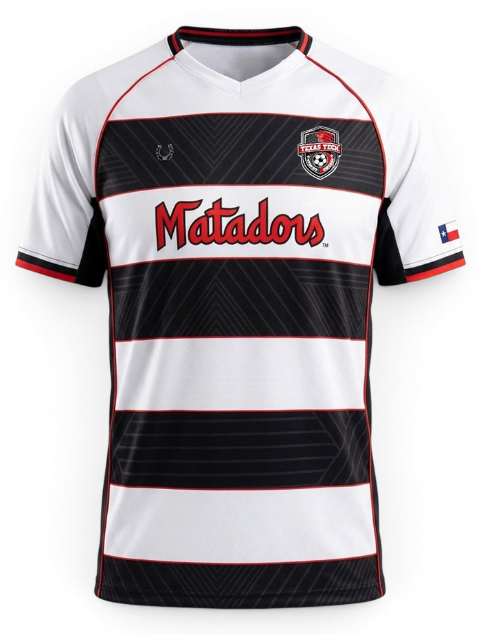 Texas Tech Dark Horse Matador Script striped soccer jersey with black and white hoop stripes and red Matadors script across the chest