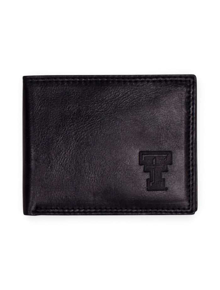 Texas Tech Double T "Contrast Stitch" Bifold Leather Wallet – Black front view