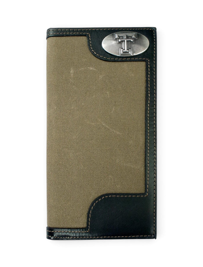 Texas Tech Double T Emblem on Roper Moss Green Canvas Wallet – Front view