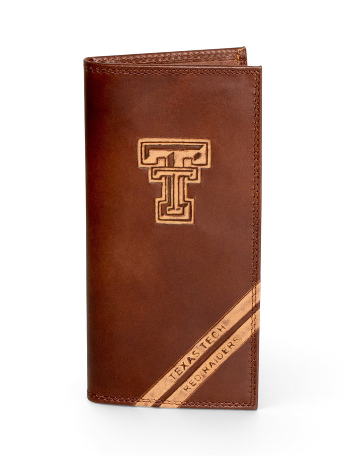 Texas Tech Embossed Double T on Tall Brown Leather Wallet – Front view