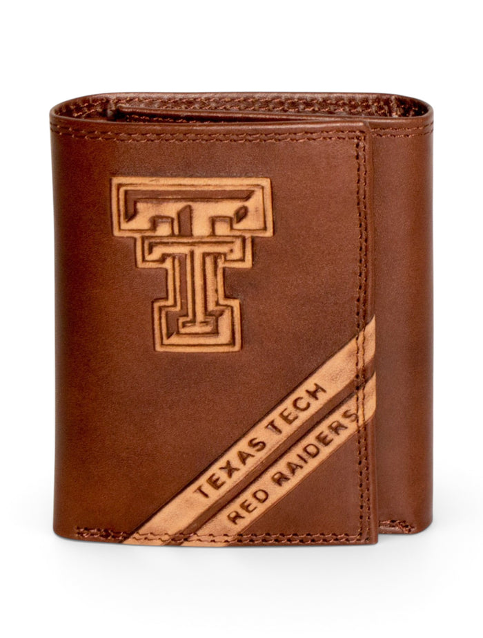 Texas Tech Embossed Double T on Trifold Brown Leather Wallet – Front view