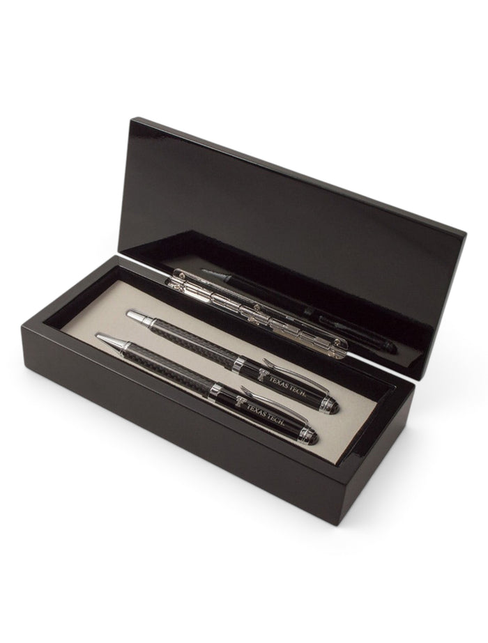 Texas Tech Lacquered Carbon Fiber Gift Box with Carbon Fiber Pen Sets – Front view