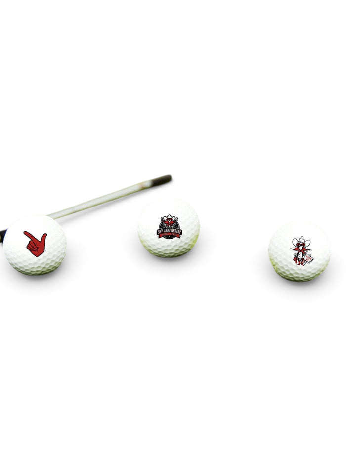 Texas Tech Raider Red 50th Anniversary 3 Pack of Golf Balls – Front view